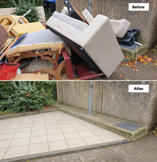 Living-room household clearance before and after, daylight.