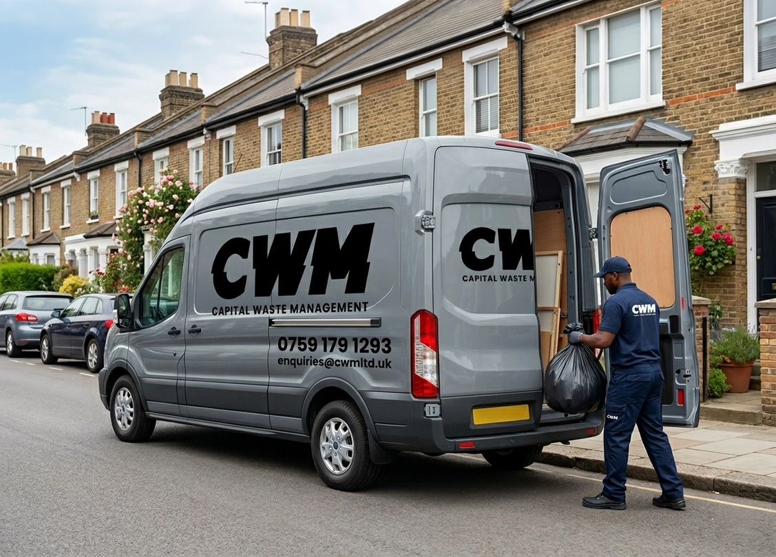 Branded CWM van on a residential street in daylight, three-quarter view.